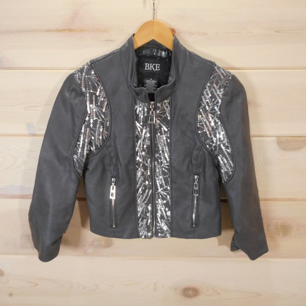 BKE Women's Sz S Gray Faux Leather Moto Jacket Cropped Biker Zip Pockets